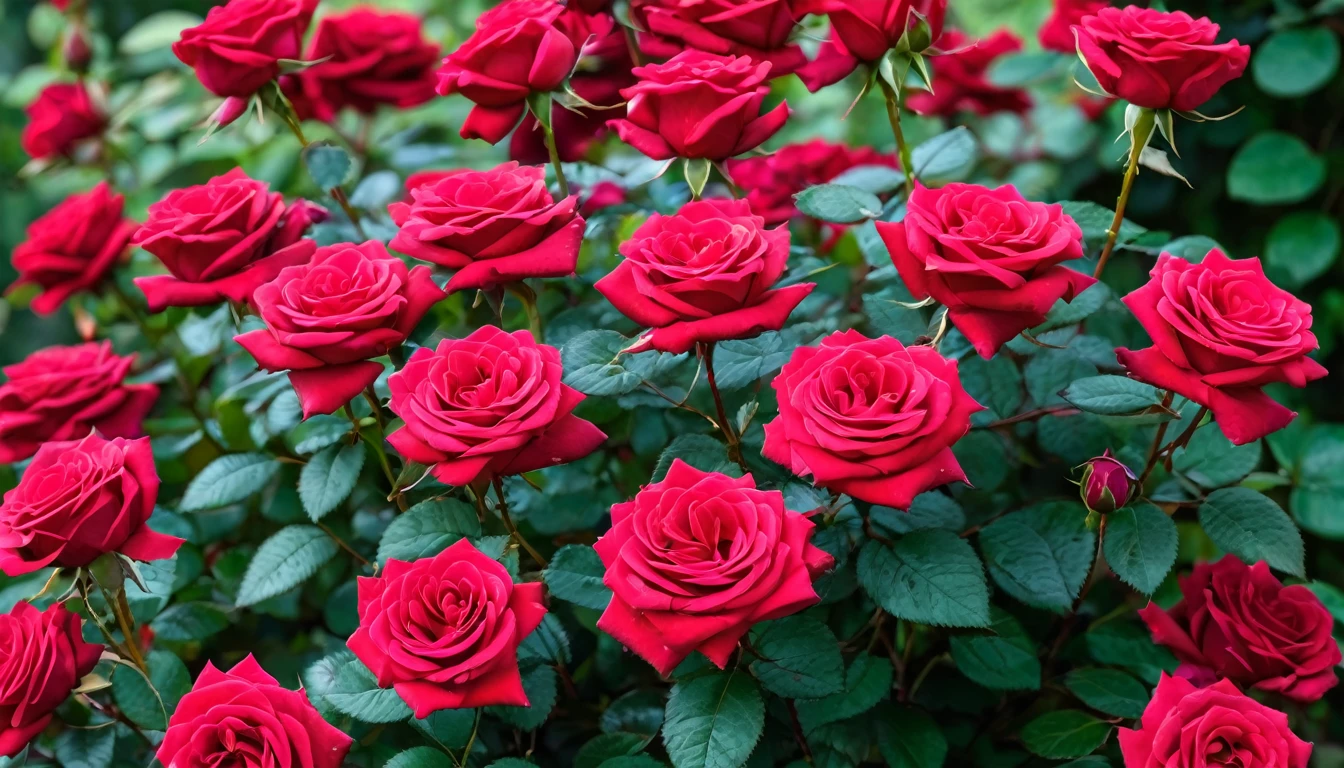 shot by sony a7iv lens 80mm f1.8, Many red color rose flowers in the autimn garden, (masterpiece, ultra quality, high resolution, 8k, intricate: 1.2), (masterpiece), (best quality:1)