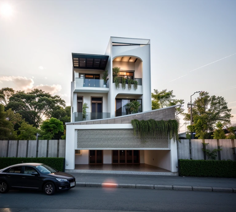 exterior ,house in vietnam, roof, window, clolum, plant around the building, ((realistic photo)), RAW photo, corona render,  sharper photo, details texture, clean design, concrete-colored laminate wall, perspective, high-end, realistic photography, Bright, sharp, unique details, award-winning photography , Canon EOS 5D DSLR Mark IV, f/ 6, ISO 100, 1/ 250 sec, soft natural light, best quality, super high resolution

