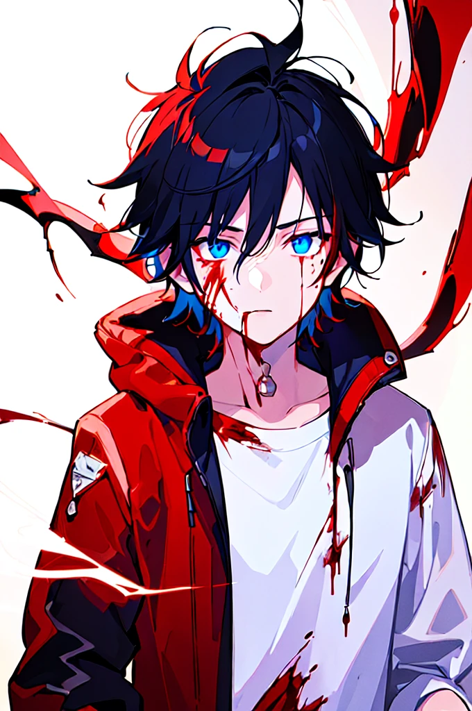 [(WHITE BACKGROUND:1.5),::5], ((((masterpiece)))), high quality, ultra very high resolution, full color, (((solo))), ((little boy)), black hair, ((red streaked hair)), blue eyes, anime, ((upper body)), neon light, black parka, (flame effect:1.2), (blood effect:1.6)