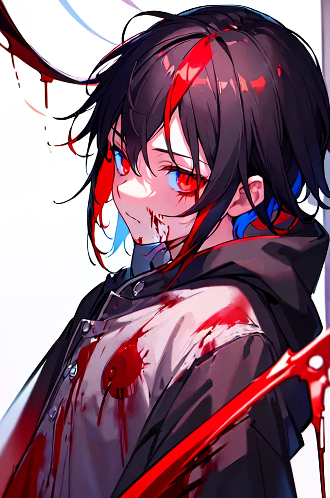 [(WHITE BACKGROUND:1.5),::5], ((((masterpiece)))), high quality, ultra very high resolution, full color, (((solo))), (()), black hair, ((red streaked hair)), blue eyes, anime, ((upper body)), neon light, black parka, (flame effect:1.2), (blood effect:1.6)