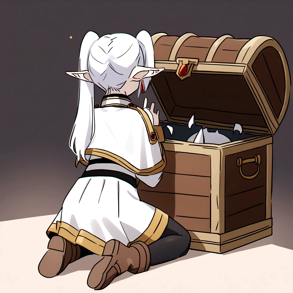 nereirfpnxl, frieren, pointy ears, 1girl, twintails, white hair, black pantyhose, boots, brown footwear, white jacket, white skirt, all fours, from behind, mimic chest made of wood, The lid of the box is like a mouth, So many fangs in the mouth of the box, fangs up and down, Bitten by the box,