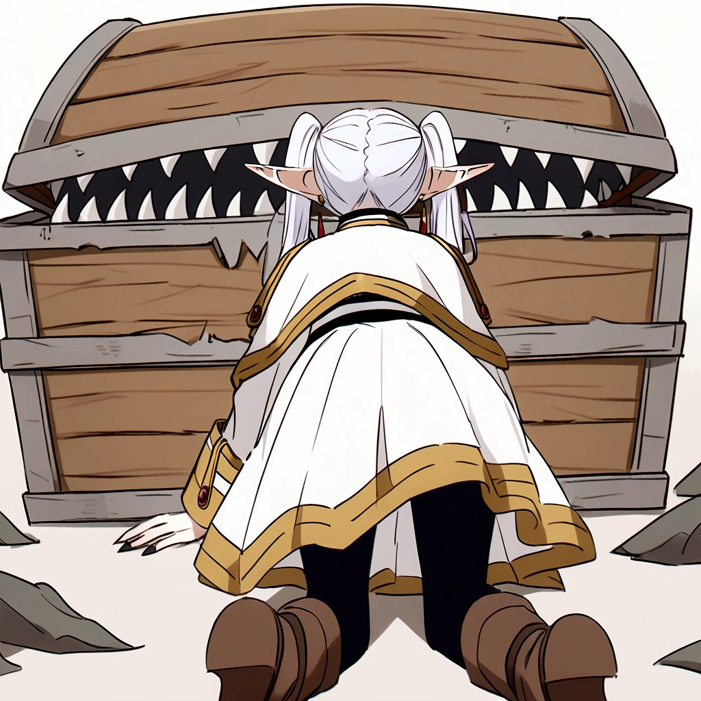 nereirfpnxl, frieren, pointy ears, 1girl, twintails, white hair, black pantyhose, boots, brown footwear, white jacket, white skirt, all fours, from behind, mimic chest made of wood, The lid of the box is like a mouth, So many fangs in the mouth of the box, fangs up and down, Bitten by the box,