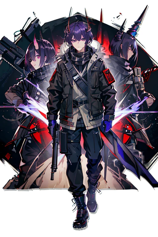 (masterpiece), best quality, solo, arknights design, arknights character, arknights style, arknights operator, black fading to purple hair, male, guy, short hair, guy, hair between eyes, dead inside, tired eyes, (horns on forehead, oni horns, long oni horns), (dark purple eyes), (high-collared dark tactical jacket, purple accents, rugged jacket), arknights style, arknights clothing, tactical pants with ammunition, reinforced boots, (dark scarf, silver accents in scarf, dark gray scarf), belts and straps, higashi, japanese