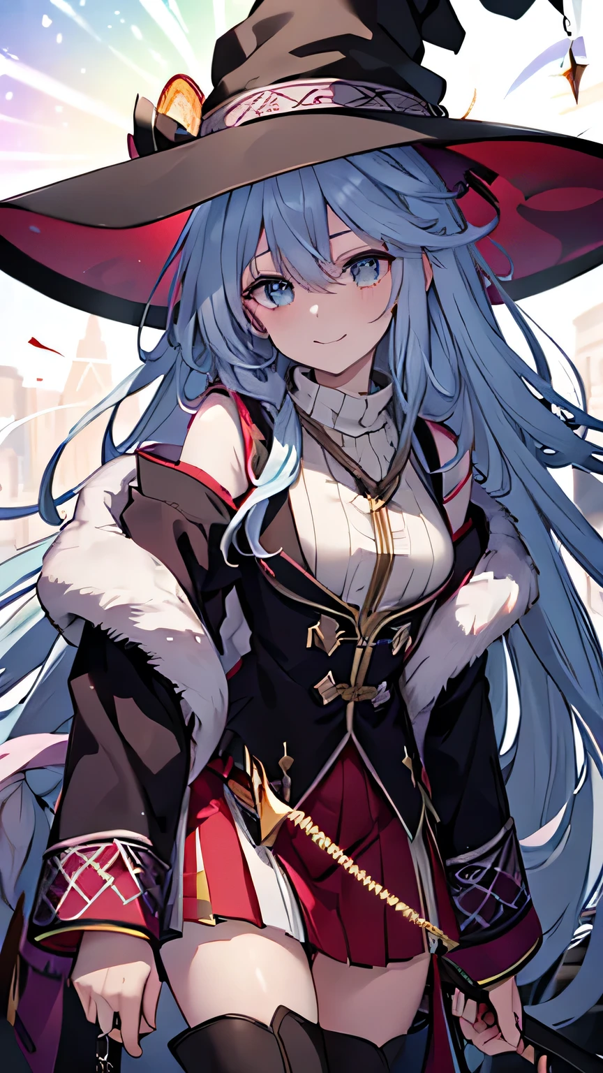 ((rainbow hair)), hair over shoulder, messy hair, hair over eyes, witch hat, wizard hat, grin, bright pupils, happy, anime, cinematic lighting, UHD, ((masterpiece)), super detail, (detailed eyes, detailed face), high quality, highres, high details, Witch with powerful magical light, female wizard, wide-brimmed hat, wizard's staff, wand, A torrent of light, colorful rays intersecting, (Right arm thrust out in front), orange costume, light blue hair