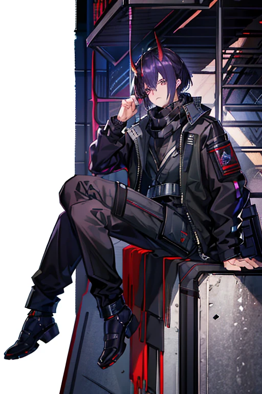 (masterpiece), best quality, solo, arknights design, arknights character, arknights style, arknights operator, black fading to purple hair, male, guy, short hair, guy, hair between eyes, dead inside, tired eyes, (horns on forehead, oni horns, long oni horns), (dark purple eyes), (high-collared dark tactical jacket, purple accents, rugged jacket), arknights style, arknights clothing, tactical pants with ammunition, reinforced boots, (dark scarf, silver accents in scarf, dark gray scarf), belts and straps, higashi, japanese