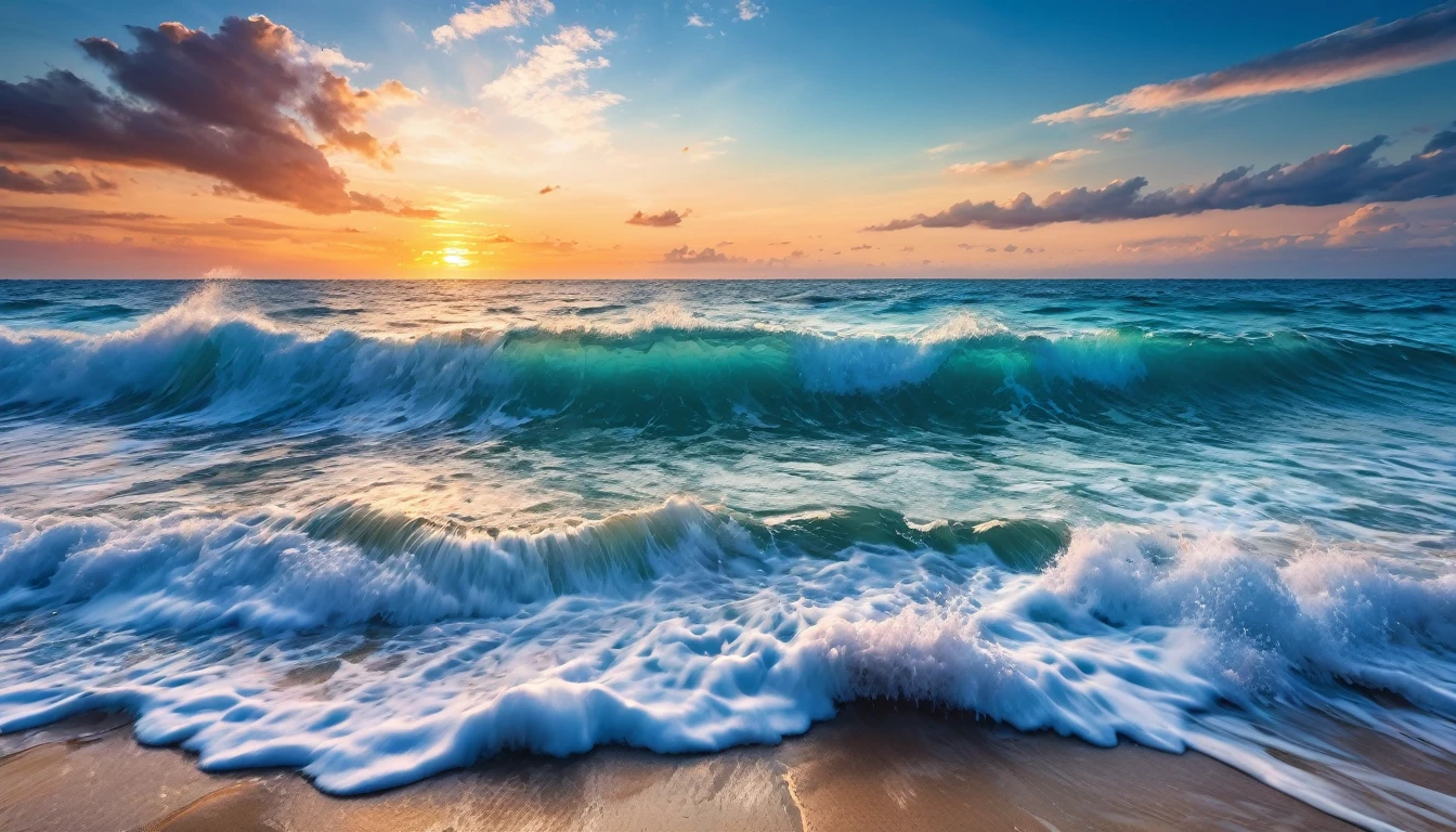 sea ​​waves, beach, sunset, blue sea landscape photo, (masterpiece, ultra quality, high resolution, 8k, intricate: 1.2), (masterpiece), (best quality:1)