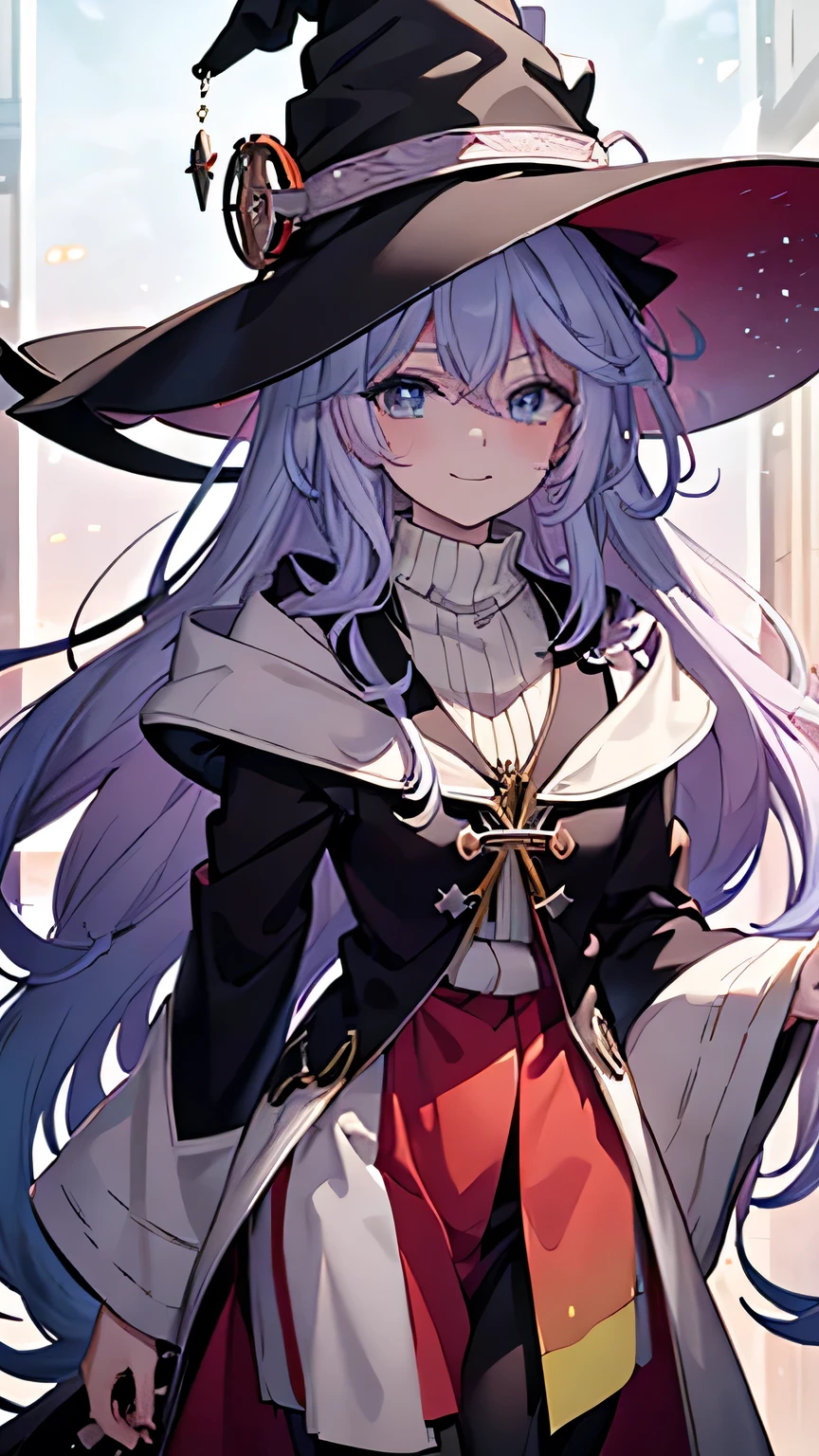 ((rainbow hair)), hair over shoulder, messy hair, hair over eyes, witch hat, wizard hat, grin, bright pupils, happy, anime, cinematic lighting, UHD, ((masterpiece)), super detail, (detailed eyes, detailed face), high quality, highres, high details, Witch with powerful magical light, female wizard, wide-brimmed hat, wizard's staff, wand, A torrent of light, colorful rays intersecting, (Right arm thrust out in front), orange costume, light blue hair