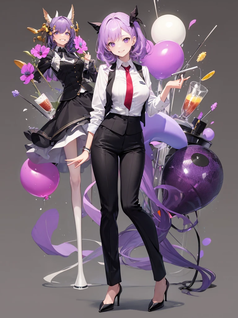 purple,((ハイレイヤーカット)),woman,bartender,vest,shirt,tie,pants,high heels,all,simple background,smile,whole body,full body,full body,Standing picture,vtuber,upright,,look forward to,body facing forward