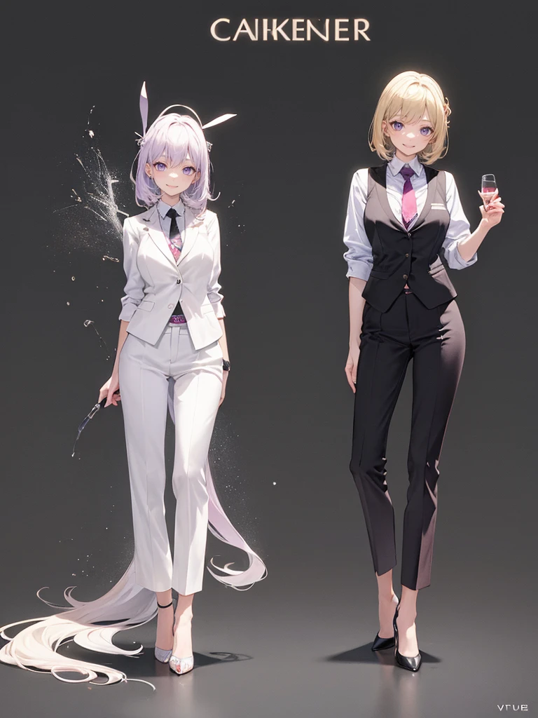 purple,((ハイレイヤーカット)),woman,bartender,vest,shirt,tie,pants,high heels,all,simple background,smile,whole body,full body,full body,Standing picture,vtuber,upright,,look forward to,body facing forward