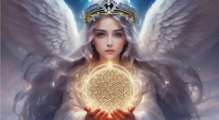 There is a woman holding a crystal ball with wings, An angel of light, divine woman, Flower of Life, goddess. Extremely high detail, A shining angelic presence, goddess of love and peace, flower goddess, goddess of light, goddess portrait, portrait of a beautiful goddess, 3 d goddess portrait, beautiful goddess, The Divine Female Power of the Universe, goddess art, celestial goddess