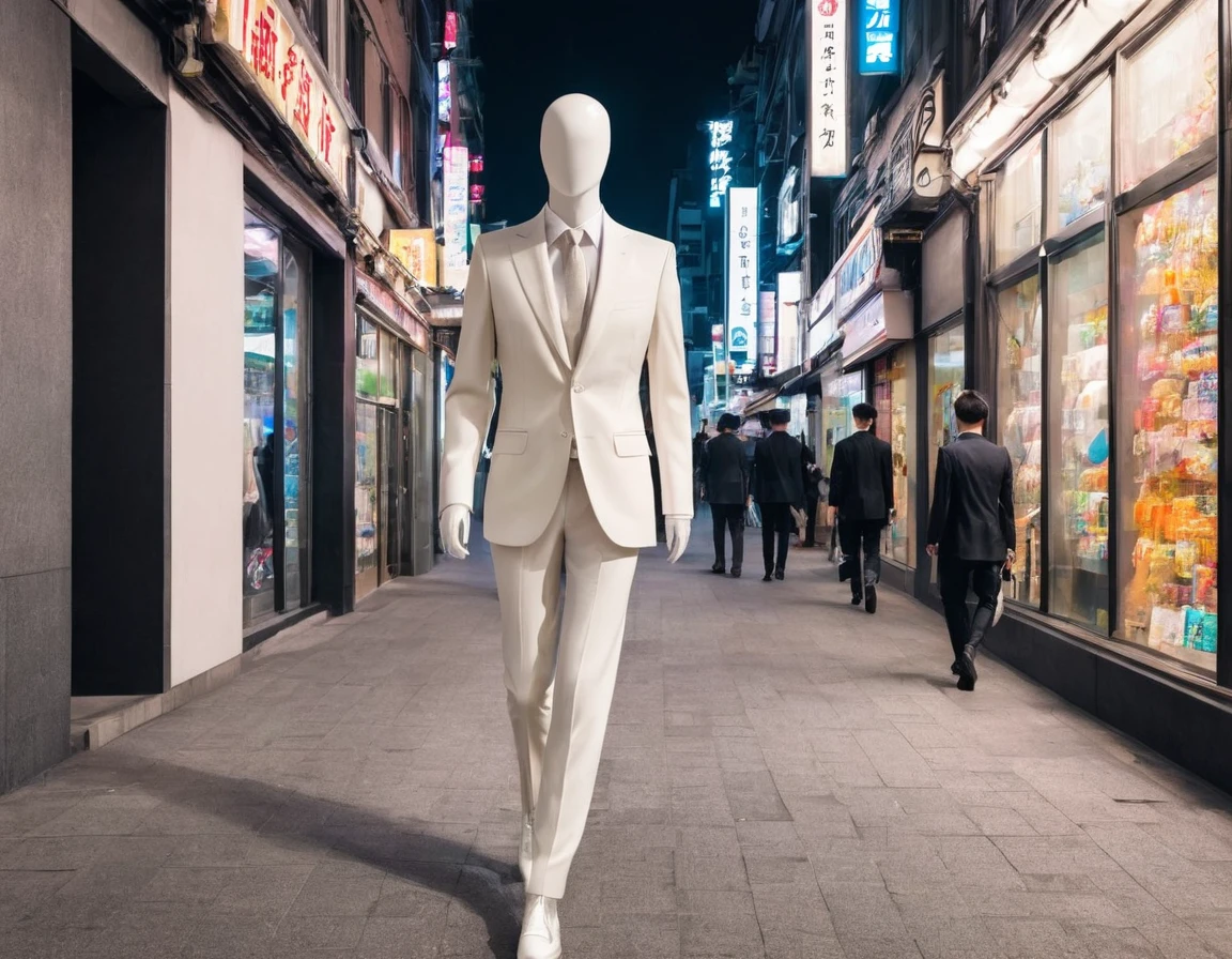 In the city,A faceless mannequin walking,The faceless mannequin is wearing a flashy suit