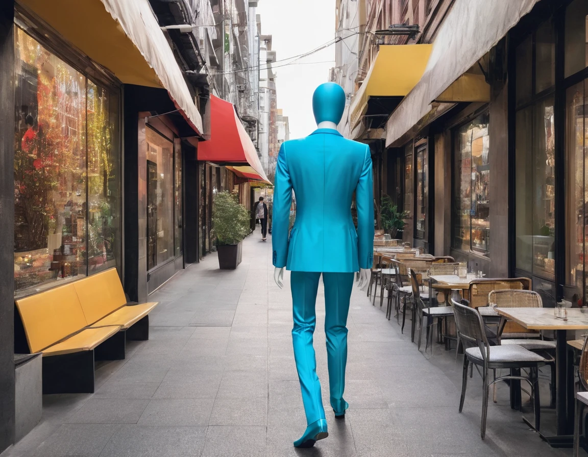 In the city,A faceless mannequin walking,The faceless mannequin is wearing a flashy suit