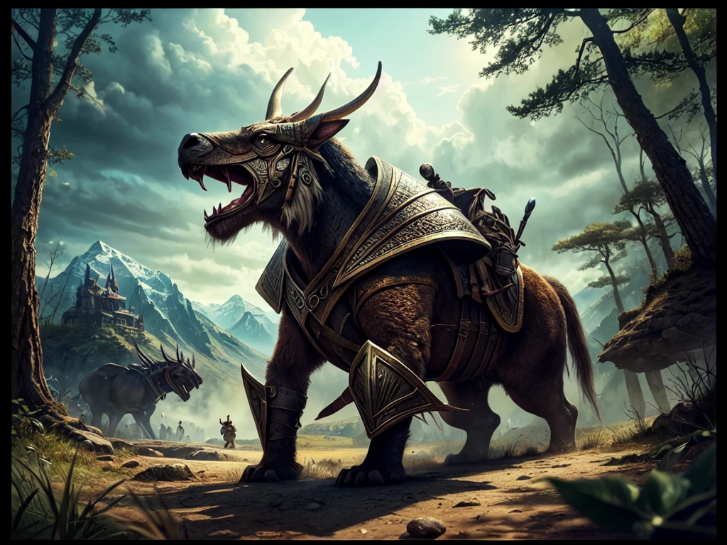 inspiré de Tolkien,À la manière de John Howe,detailed fantasy landscape,enchanted forests,majestic mountains,epic battles,dangerous dungeons,magical creatures,highly detailed armor,best quality,4k,8k,highres,masterpiece:1.2,ultra-detailed,realistic,photorealistic,photo-realistic:1.37,HDR,UHD,studio lighting,ultra-fine painting,sharp focus,physically-based rendering,extreme detail description,professional,vivid colors,bokeh,fantasy art