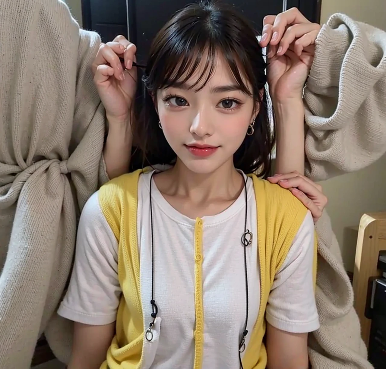 (masterpiece:1.3), (8K, Photorealsitic, Raw photography, Top image quality: 1.4), Japan high school girls、(Random hairstyles:1.2)、cleavage of the breast:1.2、Super Detail Face、Eye of Detail、double eyelid、Bring your chest together、sharp focus:1.2、prety woman:1.4、light brown hair、top-quality、masterpiece、超A high resolution、(Photorealsitic:1.4)、Highly detailed and professional lighting smile、Loose and light knitwear、Shoulder out、slender、serious facial expression、short-haired、Fatal position