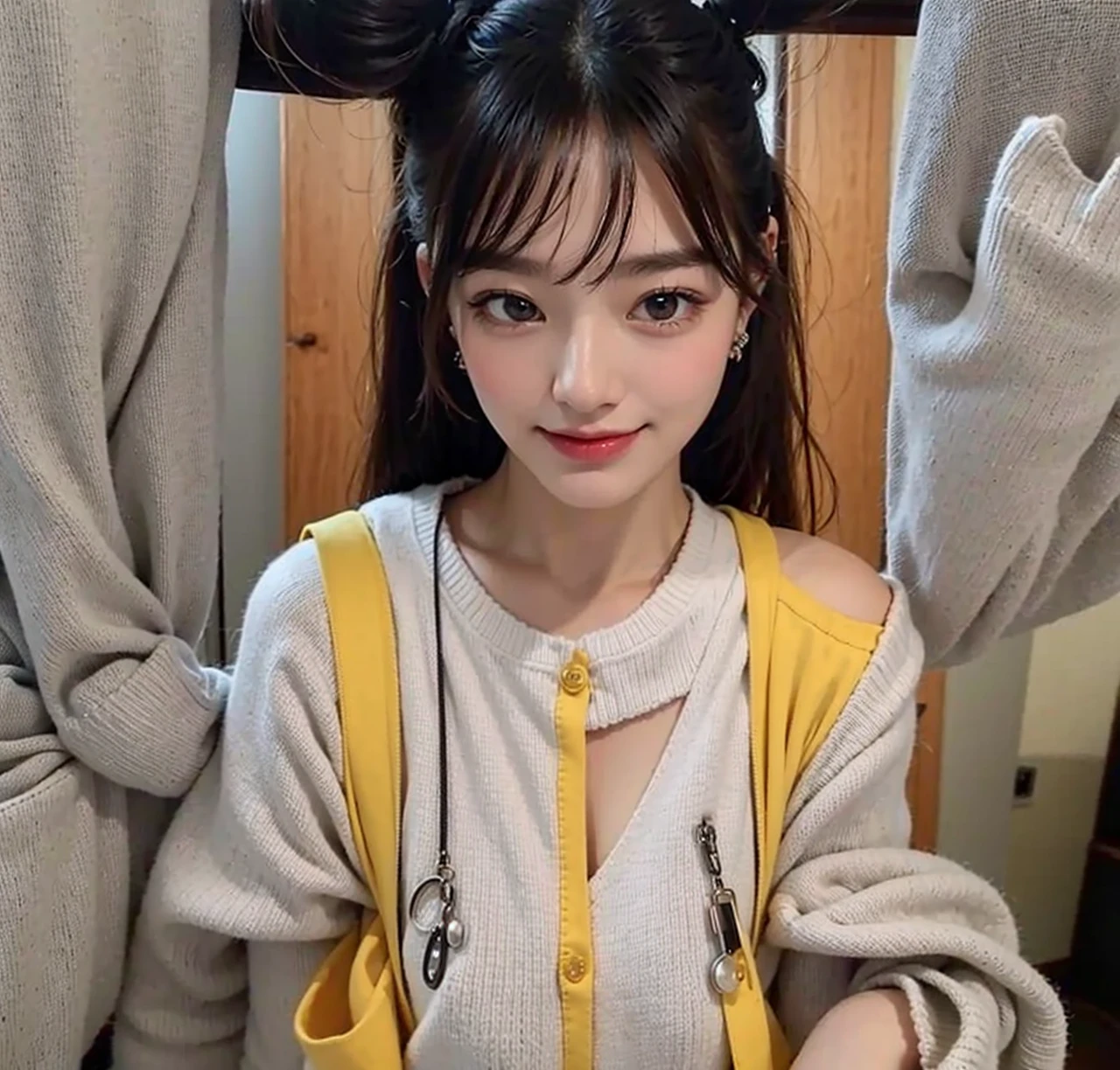 (masterpiece:1.3), (8K, Photorealsitic, Raw photography, Top image quality: 1.4), Japan high school girls、(Random hairstyles:1.2)、cleavage of the breast:1.2、Super Detail Face、Eye of Detail、double eyelid、Bring your chest together、sharp focus:1.2、prety woman:1.4、light brown hair、top-quality、masterpiece、超A high resolution、(Photorealsitic:1.4)、Highly detailed and professional lighting smile、Loose and light knitwear、Shoulder out、slender、serious facial expression、short-haired、Fatal position