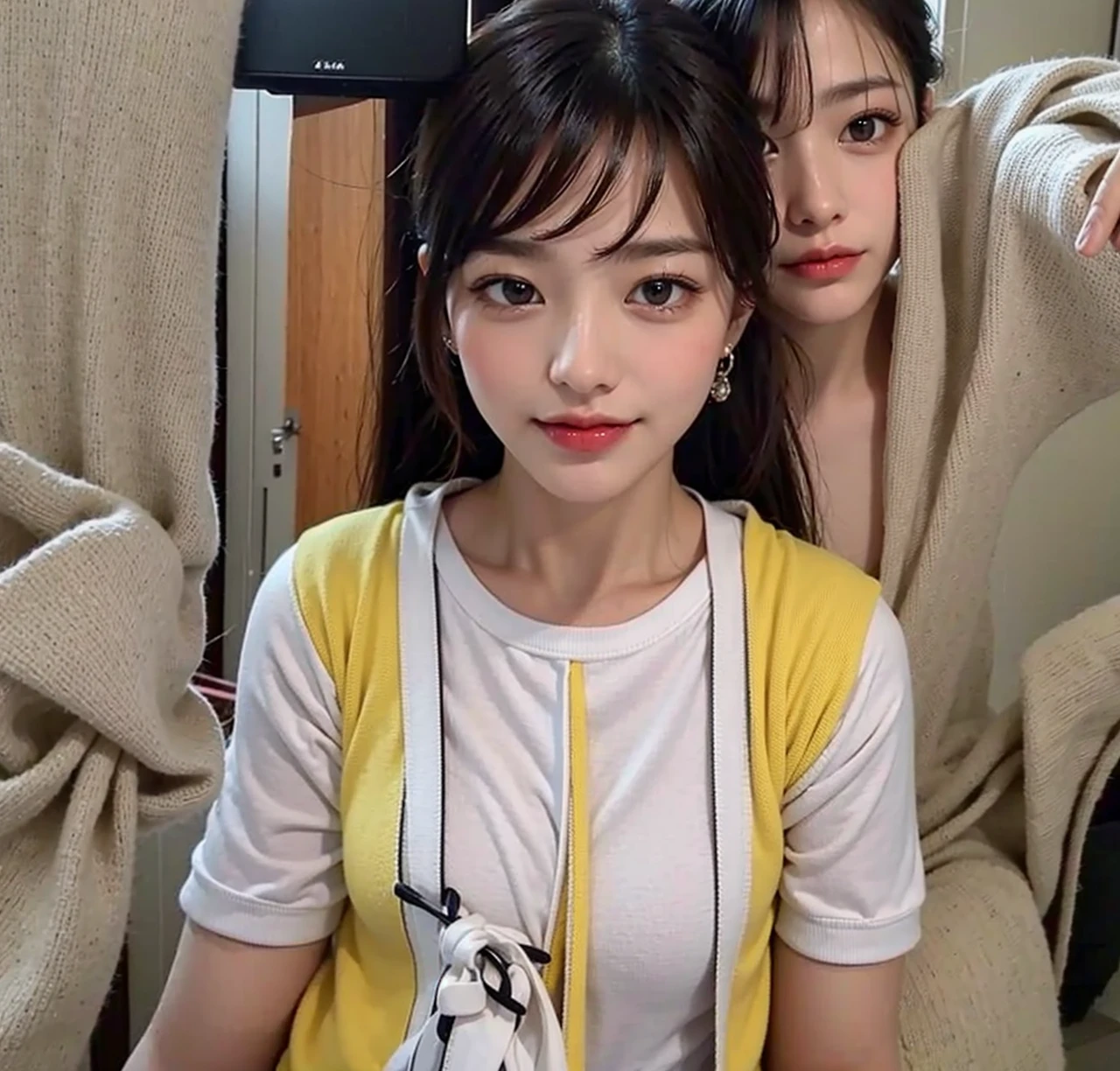 (masterpiece:1.3), (8K, Photorealsitic, Raw photography, Top image quality: 1.4), Japan high school girls、(Random hairstyles:1.2)、cleavage of the breast:1.2、Super Detail Face、Eye of Detail、double eyelid、Bring your chest together、sharp focus:1.2、prety woman:1.4、light brown hair、top-quality、masterpiece、超A high resolution、(Photorealsitic:1.4)、Highly detailed and professional lighting smile、Loose and light knitwear、Shoulder out、slender、serious facial expression、short-haired、Fatal position