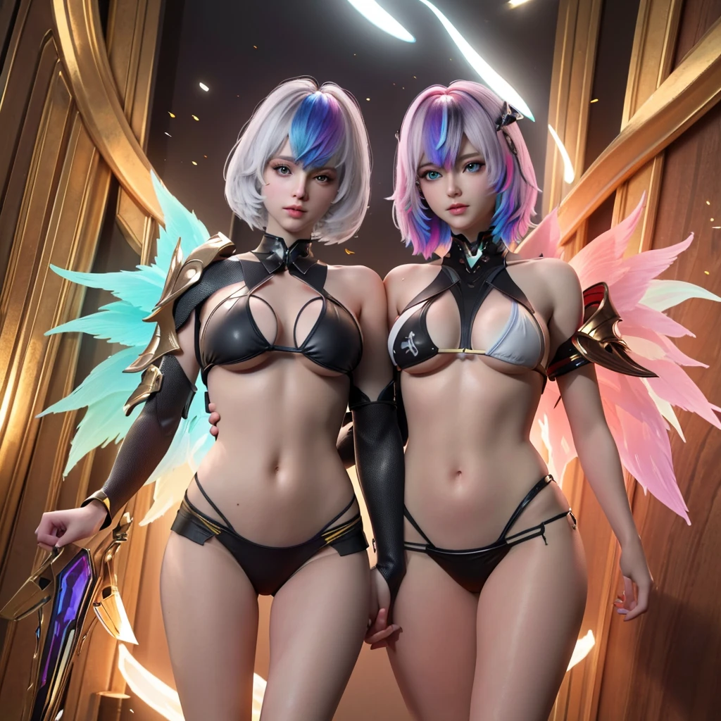 {{masterpiece}}, best quality, extremely detailed CG unity 8k wallpaper, cinematic lighting, lens flare, beautiful detail eyes, black,  side glance,  multicolor short white hair, colorful light, particles, heterochromia, (colorful:1.5), (colorful hair:1.5), Sexy bikini, bikini armor, wings on back,