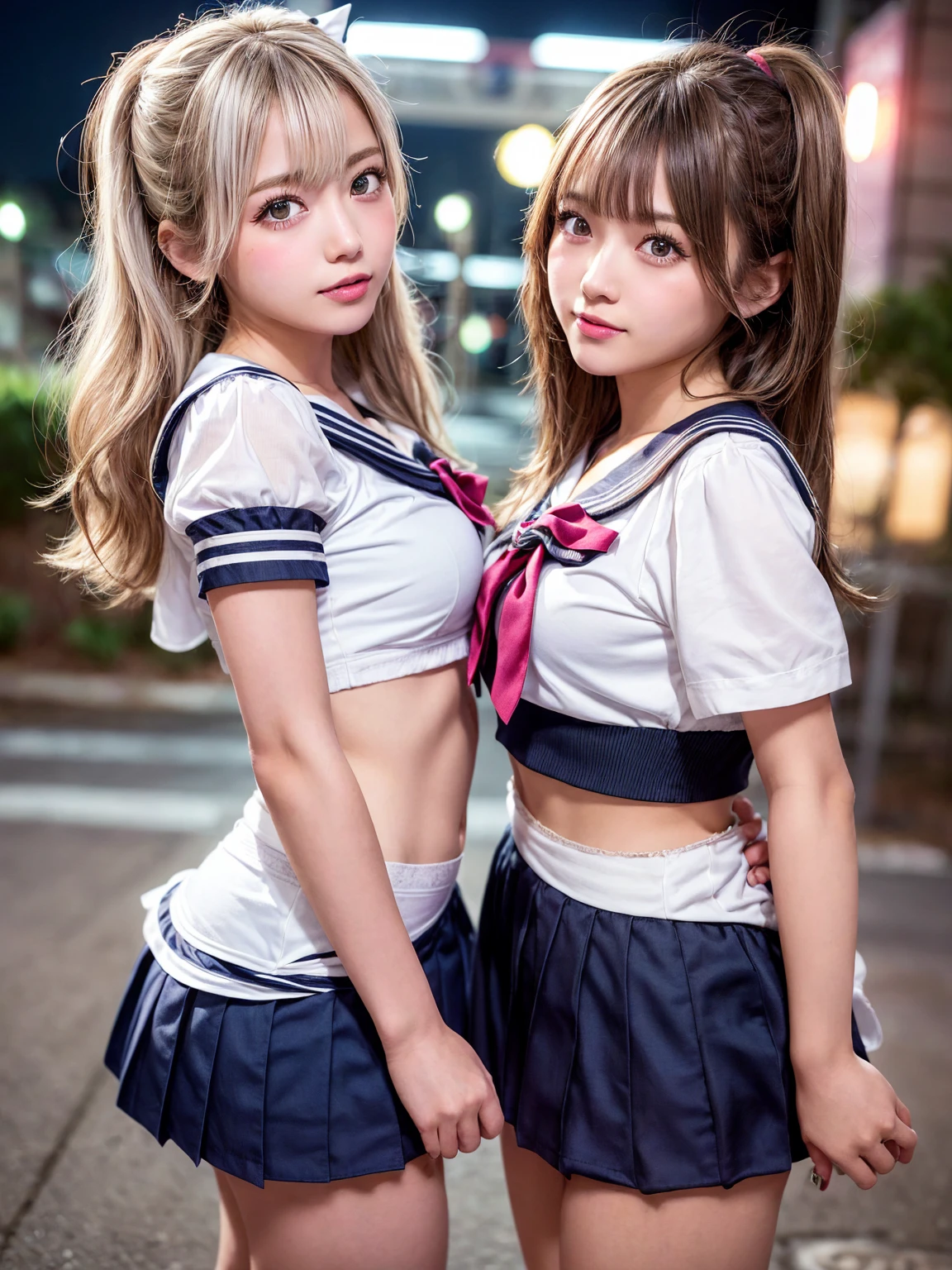 ミニスカートを履いたTwo peopleの女子高生:1.7,((Two people high school girl:2)),((Two people)),Dynamic Angle, Perfect body, night,moonlight,Exterior lights,Gal, (Anatomically correct),masterpiece, Highest quality, RAW Photos, Realistic, face,, Beautiful girls, cute, Written boundary depth, High resolution, Super detailed, detailed, ighly detailedd, Extremely detailed eye and realistic student, Pale, tanned skin,Two peopleで,woman,(panties), (Short-sleeved sailor uniform:1.4),Spread your legs,Wide Hips, ((Sensual;1.5)), Glamour, Big Breasts,Sunburn marks on tanned skin,Pink Hair,blonde,Platinum Hair,Brown Hair,orange,Wavy Hair,Shortcuts,Pixie Cut,Cosplay,building,intersection,stage,Pedestrian bridge,vending machine,night,深night,Blurred Background:1.2,White panties,Pink panties,Yellow panties,Black panties,GirlTwo people,Two people high school girl,