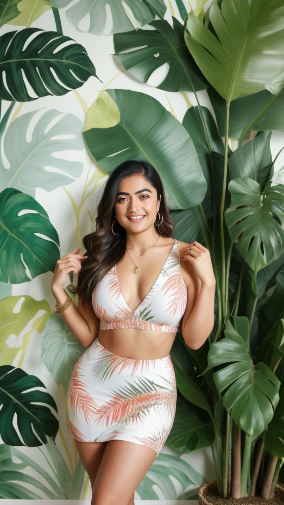 RashmikaLoRA1, RAW photo, full body shot, photo of beautiful woman, cute face, wearing dress, happy face, cool tone, outdoor, big cheeks, curvy, hourglass figure, swooping , deep cleavage, open arms,  armpits,standing with wide open  on road in bright light and  with big , , , necklace, (cinematic:1.3), intricate details, (ArtStation:1.2),The Perfect Pastel Crop Top,The Perfect Pastel Crop Top,a black chair in front of a palm leaf wall mural, tropical palms, palm leaves on the beach, palm lines, palm, tropical leaves, fronds, palm pattern visible, palms, photo - realistic wallpaper, wall mural, interior background, wallpaper on the walls, wallpaper design, palm tree, high-quality wallpaper, tropical foliage, tropical mood, tropical trees,