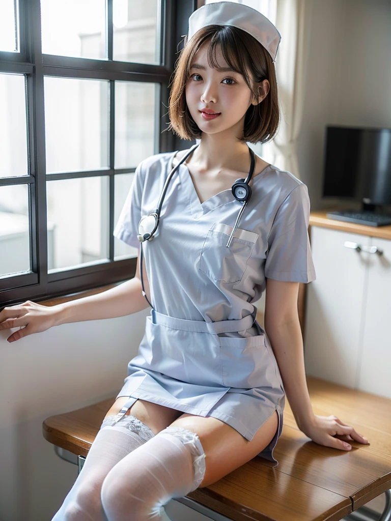 (Highest quality: 1.5), (Realistic: 1.5), (1 person: 1.5), (Very detailed), (High resolution), 8K, Shoot from below, (Japanese women), ((wear White nurse uniform)), (Nurse cap), (Wear a micro mini skirt), (Medium chest), Natural color lips, Cute Smile, 20-year-old girl, (Beautiful and elaborate face), (Perfect and beautiful face), (Big eyes), (Beautiful and elaborate face), (Left/right balance) Beautiful Eyes), Beautiful double eyelids, Perfect and beautiful face, thin arched eyebrows, Slim face, (Slim figure), Beautiful thin nose, Beautiful Skin, (Medium Bob Hair), Natural Bangs, Fair skin, Front view Lighting, (Facial lighting), Dark blue eyes, Slim waistline, Slender and beautiful legs, nurse, Stethoscope, (Sitting on the operating table), (Wearing a white garter belt and white knee-high stockings), white nurse clothes, operating room、((White nurse clothes)), ((White Micro Mini Skirt)), pure white,