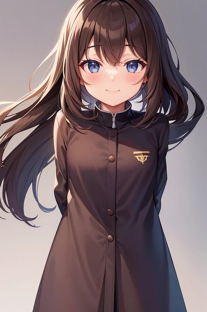 Please draw a high school girl with long brown hair.。The whole body is facing forward and smiling.。Wearing a uniform。Please make sure to capture the entire body from the head up。Please make sure your head does not get cut off from the screen.。No pose needed。Plain background、Remove light and shadow effects。Please leave some empty space at the top of the screen。