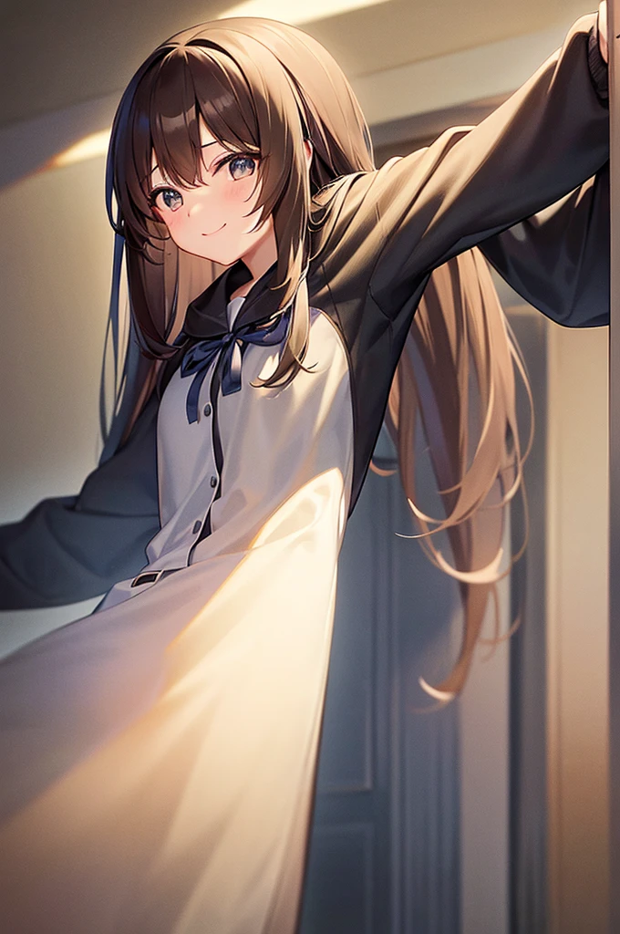 Please draw a high school girl with long brown hair.。The whole body is facing forward and smiling.。Wearing a uniform。Please make sure to capture the entire body from the head up。Please make sure your head does not get cut off from the screen.。No pose needed。Plain background、Remove light and shadow effects。Please leave some empty space at the top of the screen。