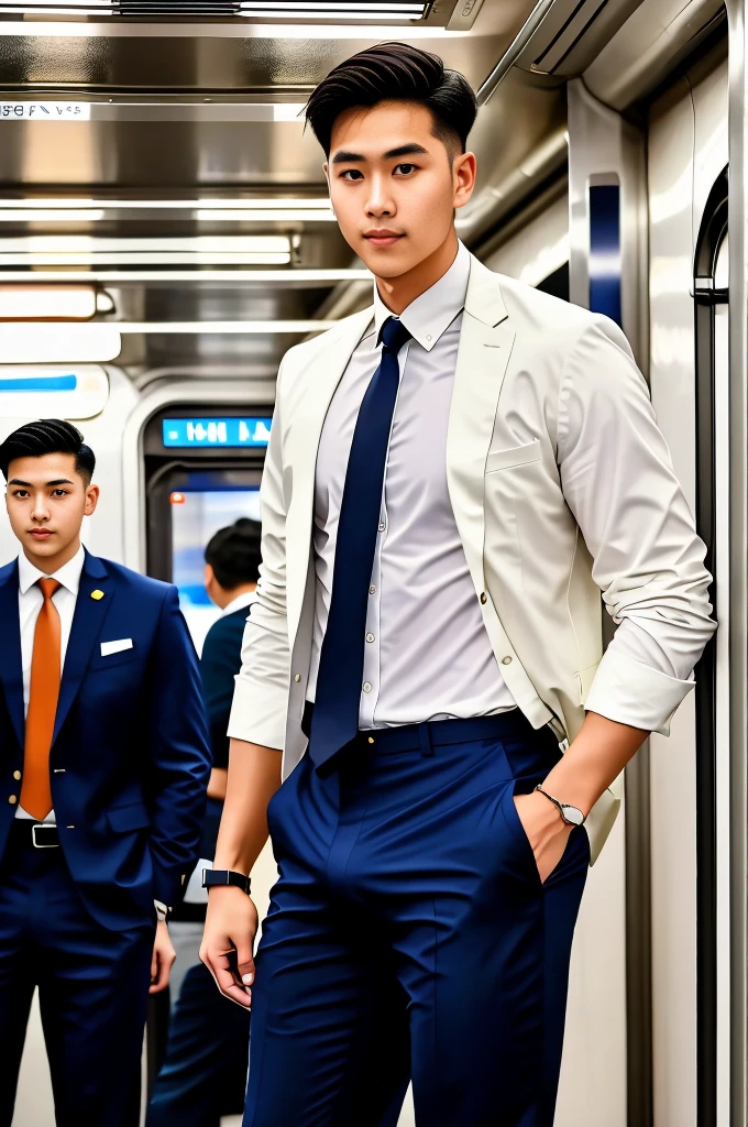 1人，A 20-year-old man in the subway，Standing in a subway car，Ultra-flat head，Wearing a suit and pants，huge bulge,  leg apart，musculous，Handsome，Look at your phone，Wear AirPods，Wear an Apple Watch， backpack，white short socks，White sneakers，pervert smirk，exhilarated，full bodyesbian，Exposing thighs，Expose calves，Thick leg hair，In crowded subway cars，gentlesoftlighting，tmasterpiece，best qualtiy，8K  UHD，digital SLR camera，filmgrain，Fujifilm XT3 Realistic painting art，Written by Midjourney and Greg Rutkowski