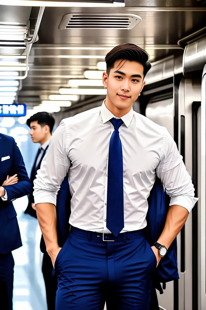 1人,A 20-year-old man in the subway,Standing in a subway car,Ultra-flat head,Wearing a suit and pants,huge bulge, leg apart,musculous,Handsome,Look at your phone,Wear AirPods,Wear an Apple Watch, backpack,white short socks,White sneakers,pervert smirk,exhilarated,full bodyesbian,Exposing thighs,Expose calves,Thick leg hair,In crowded subway cars,gentlesoftlighting,tmasterpiece,best qualtiy,8K UHD,digital SLR camera,filmgrain,Fujifilm XT3 Realistic painting art,Written by Midjourney and Greg Rutkowski