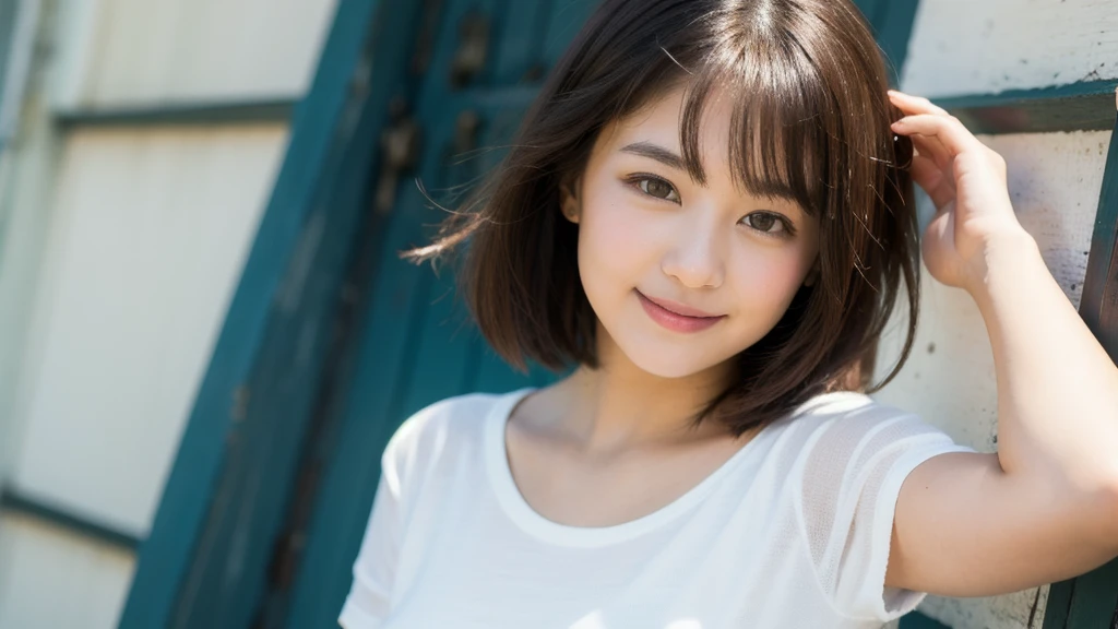 (masterpiece, Highest quality, RAW Photos, 8K), beautiful girl, White wall, (Natural light), beautiful girl white dress, ( skirt, Delicate lace, underwear), beautiful girl, Pretty face, (Beautiful Eyes, Light in your eyes, Delicate face, thin眉毛), light makeup, (thin眉毛, Bright eyebrow colors, Light on the cheeks), (17 years old), short hair, bangs, (The wind is blowing), thin, beautiful girl, (Shining cheeks and closed lips, Innocence)、T-Shirts、healthy、Smile