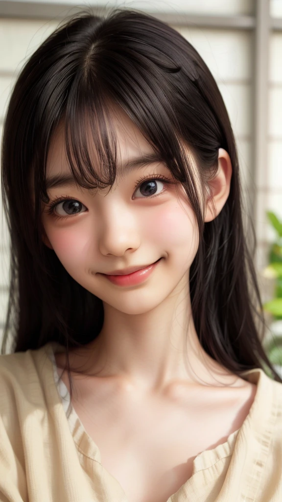 Best image quality, Focus, Soft light, Black hair, (Japanese)), (((Front, 15years old))), (Depth of field), Ultra high resolution, (Real: 1.4), RAW photo, ((裸エプロン)), smiling face
