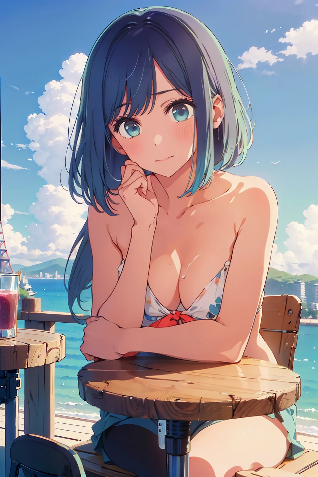 (Highest quality:1.4、8K:1.4、detailed)、F cup bust、Big Breasts、Slim body、Very white beautiful skin、((((1 person、Surprised expression、sit、Chair、In the background are the urban buildings of Tokyo、looking at the camera、Outdoor café terrace、coastal、Navy hair color、juice、Shooting up close、table、Very cute face))))、(Pose of putting hair behind ears with hands:1.4)、((nude、Areola))、Small size bikini、Very blue sky、A completely cloudless sky