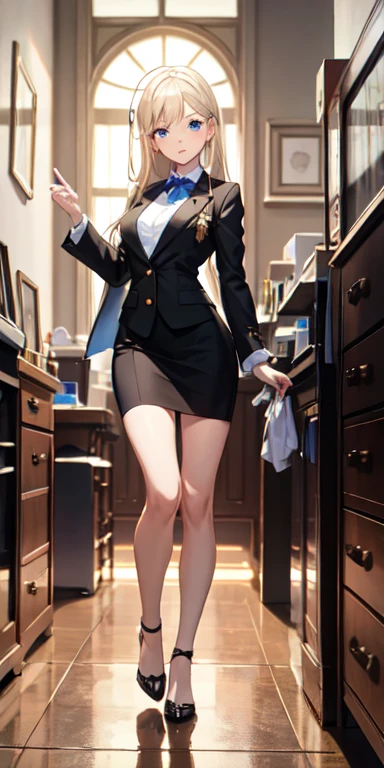((best quality)), ((masterpiece)), (detailed),full body anime picture of a female youthful professor, 1 person , researcher , professor , female , child-like body , azure blue eyes ,