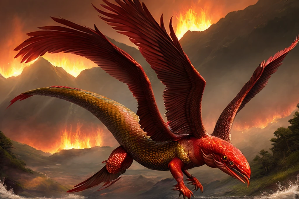 Amaru is the name of a deity represented as a winged serpent, with crystal clear eyes, reddish snout, flame head, and a fish tail. And it is represented as a great winged serpent, with bright eyes, red snout, flame head, and fish tail.
It is a water snake that lives in high altitude rivers and lagoons.. is he "alma" or spirit of them, and so there are small and large ones. It is an indicator of a possible cataclysm.
It is winged, silver or dark in color, It has a flattened beak similar to that of some lake birds, the rest of his body is a snake, covered with large, shiny scales.