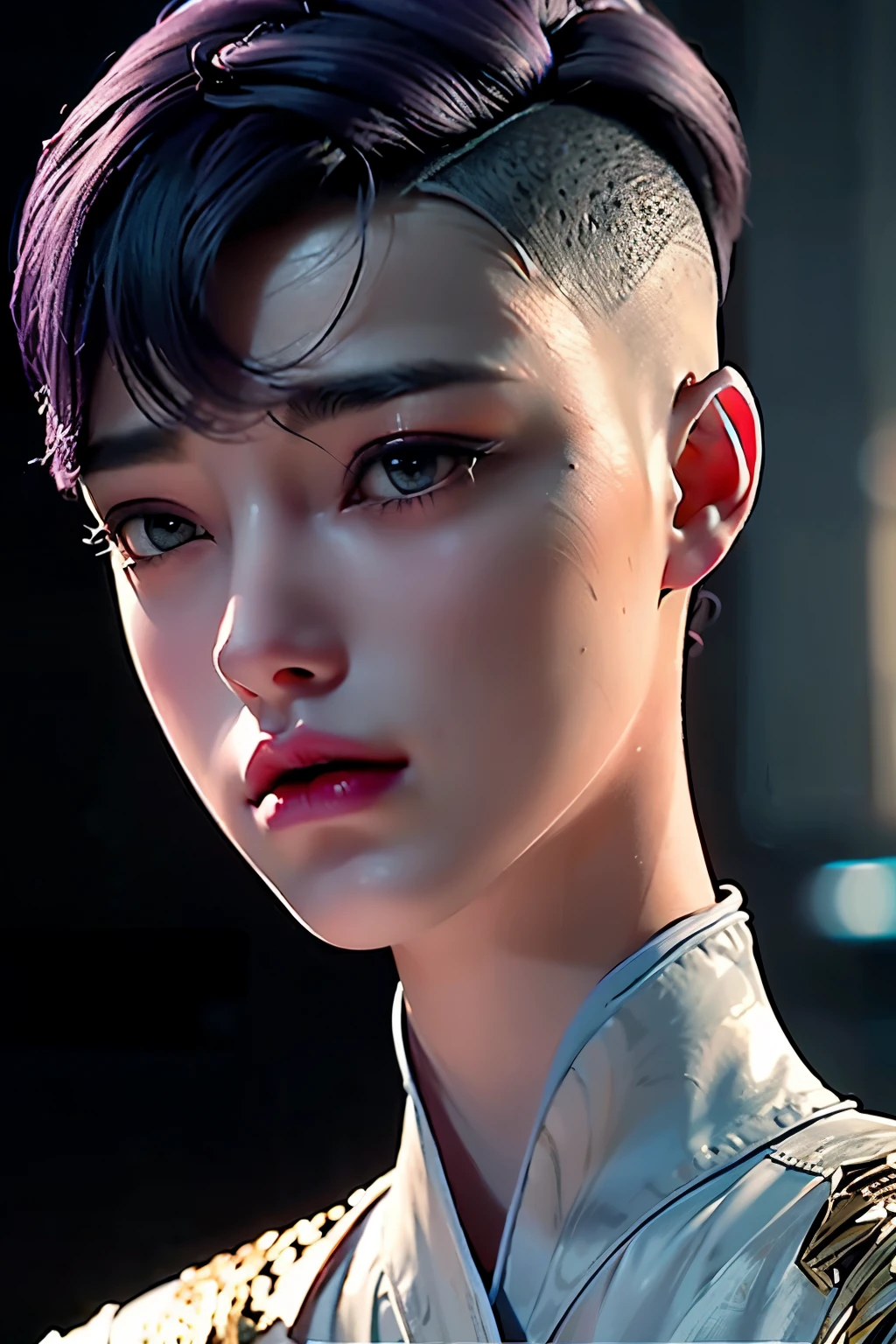 30-year-old woman with、(hi-top fade:1.3)、length hair、Dark theme、Soothing tones、Subdued Color、highly contrast、(natural skin textures、Hyper-Realism、Soft light、sharp)、masterpiece, top-quality, hightquality, hight resolution