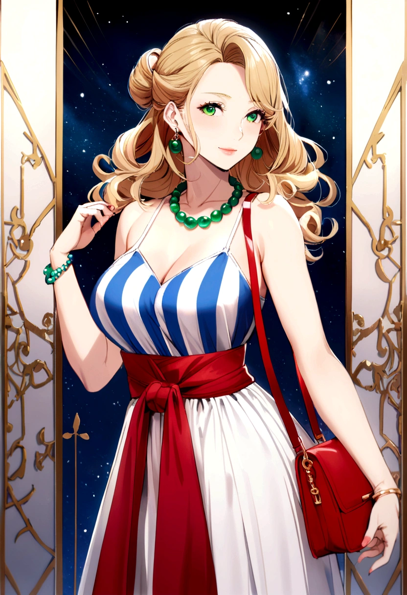 40 year old woman, curly blonde hair to waist, green eyes, blue and white striped spaghetti strap dress, white earrings, red bag, jade bracelet, red bead necklace
