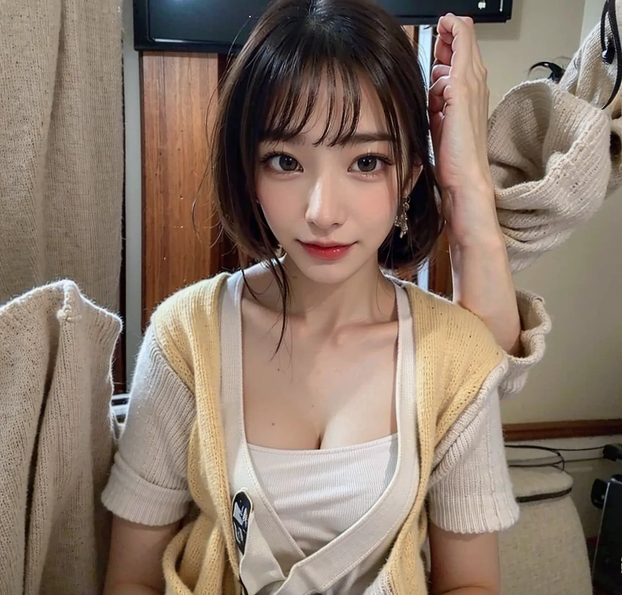 (​masterpiece:1.3), (8K, Photorealsitic, Raw photography, Top image quality: 1.4), Japan high school girls、(Random hairstyles:1.2)、cleavage of the ??????:1.2、Super Detail Face、Eye of Detail、double eyelid、Bring your ????? together、sharp focus:1.2、prety woman:1.4、light brown hair、top-quality、​masterpiece、超A high resolution、(Photorealsitic:1.4)、Highly detailed and professional lighting smile、Loose and light knitwear、Shoulder out、slender、serious facial expression、short-haired、Fatal position