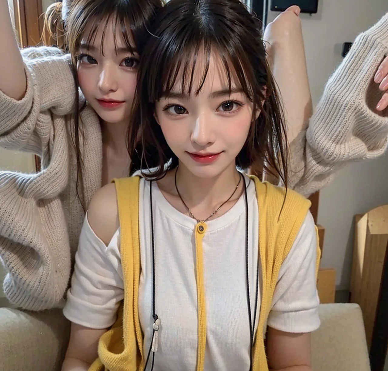 (masterpiece:1.3), (8K, Photorealsitic, Raw photography, Top image quality: 1.4), Japan high school girls、(Random hairstyles:1.2)、cleavage of the breast:1.2、Super Detail Face、Eye of Detail、double eyelid、Bring your chest together、sharp focus:1.2、prety woman:1.4、light brown hair、top-quality、masterpiece、超A high resolution、(Photorealsitic:1.4)、Highly detailed and professional lighting smile、Loose and light knitwear、Shoulder out、slender、serious facial expression、short-haired、Fatal position