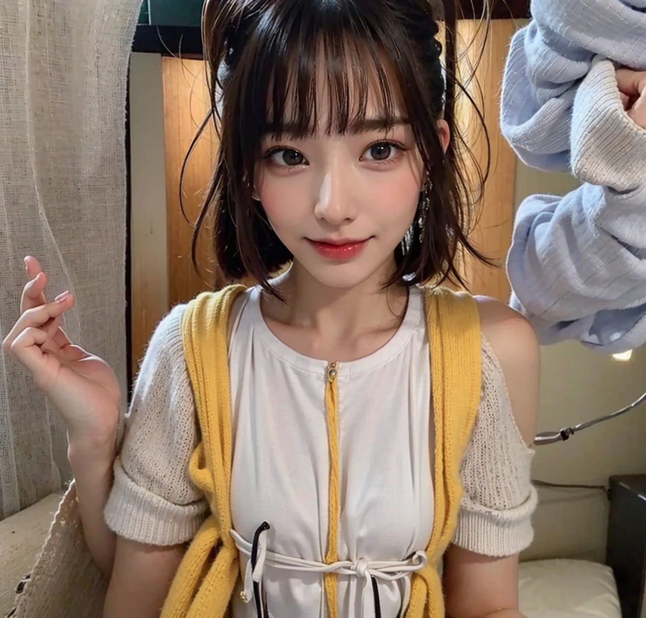 (​masterpiece:1.3), (8K, Photorealsitic, Raw photography, Top image quality: 1.4), Japan high school girls、(Random hairstyles:1.2)、cleavage of the breast:1.2、Super Detail Face、Eye of Detail、double eyelid、Bring your chest together、sharp focus:1.2、prety woman:1.4、light brown hair、top-quality、​masterpiece、超A high resolution、(Photorealsitic:1.4)、Highly detailed and professional lighting smile、Loose and light knitwear、Shoulder out、slender、serious facial expression、short-haired、Fatal position