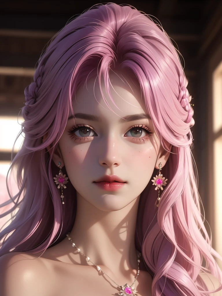 best quality, masterpiece, High target, 1 Girl, nude, Hair Decorationss, necklace, Decorations, Pretty Face, When the body, Tyndall effect, Realistic Portraits, Dark Studio, Edge lighting, Two-color light, (Very delicate skin:1.2), 8K uhd, Digital SLR Camera, Soft Light, high quality, Volumetric Lighting, Honest, photo, high resolution, 4K, 8K, Bokeh, Purple hair,pink hair tips,.