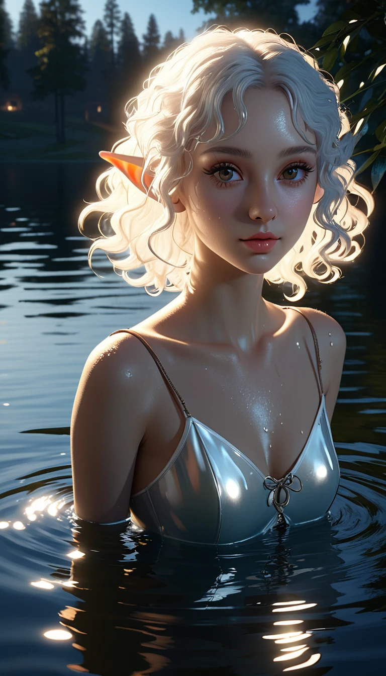 beautiful elf，Beautiful，moonlight，lake water，wet，transparent，Real light and shadow contrast，Realistic ray tracing，True light falloff，anti-aesthetic style，Poodlepunk，Snapshot aesthetic style 