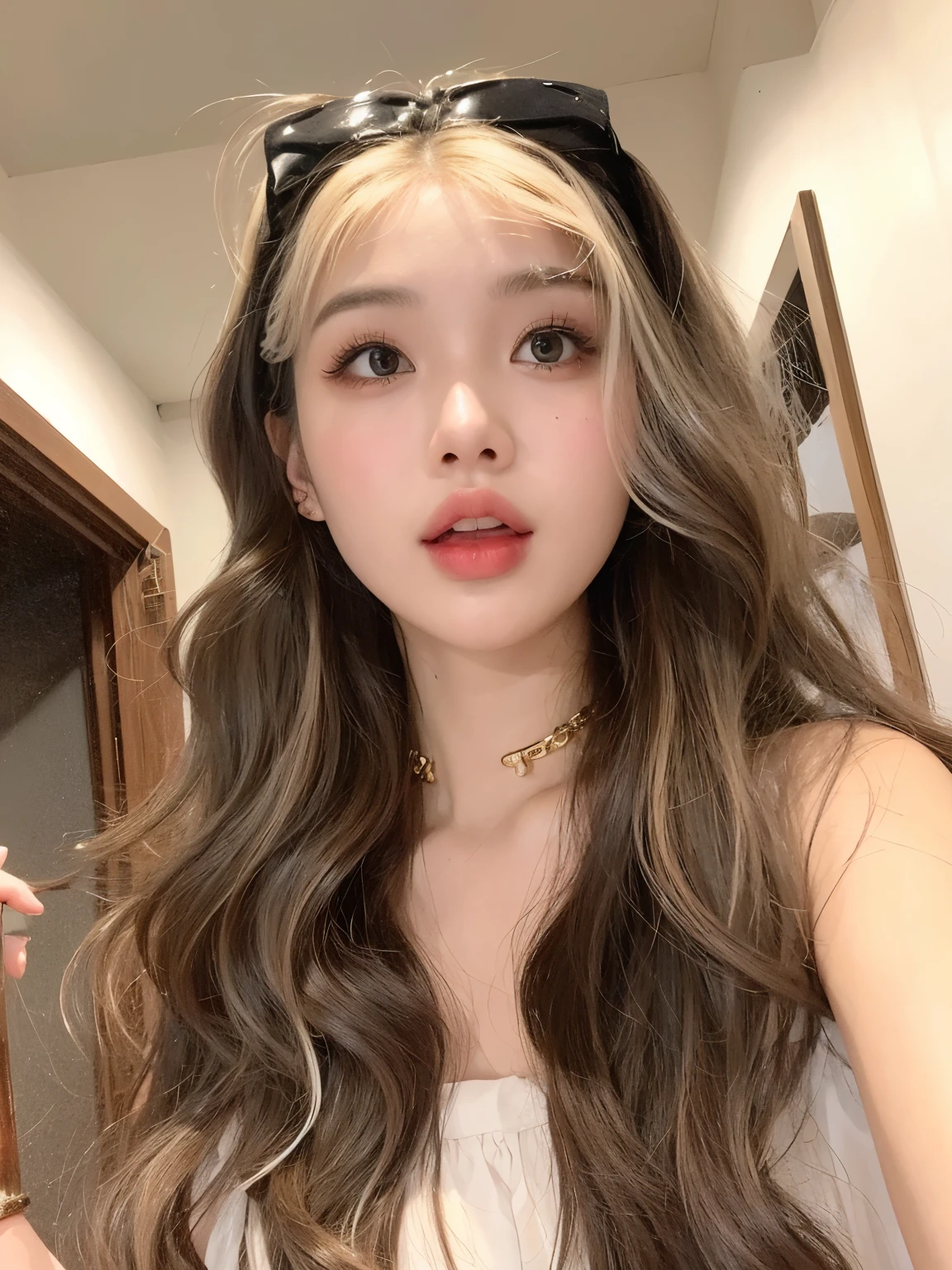masterpiece, Best quality,Girl with black gradient flaxen hair，Lollipop in hand，Gradient highlights hairstyle，20 years old，Chinese Girl，Sweet cool girl，a girl，Exquisite facial features，Meigao Makeup，American high school student
