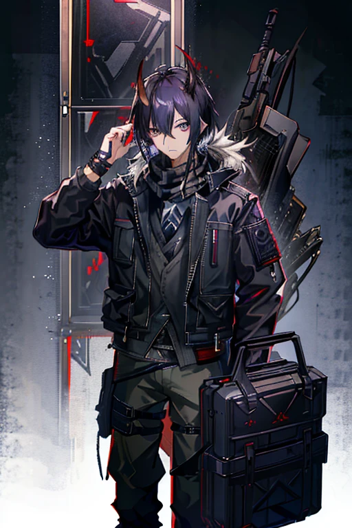 (masterpiece), best quality, solo, arknights design, arknights character, arknights style, arknights operator, black fading to purple hair, male, guy, short hair, guy, hair between eyes, dead inside, tired eyes, (horns on forehead, oni horns, long oni horns), (dark purple eyes), (high-collared dark tactical jacket, purple accents, rugged jacket), arknights clothing, tactical pants with ammunition, reinforced boots, (dark scarf, silver accents in scarf, dark gray scarf), belts and straps, higashi, japanese, dynamic pose