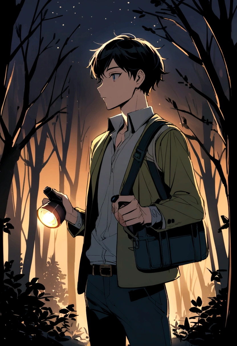 Anime young man lost inthe forest at night.he bring flashlight and handphone
