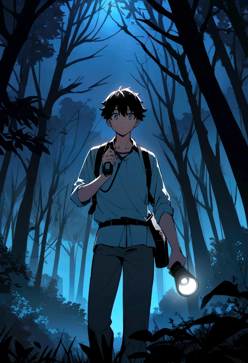 Anime young man lost inthe forest at night.he bring flashlight and handphone