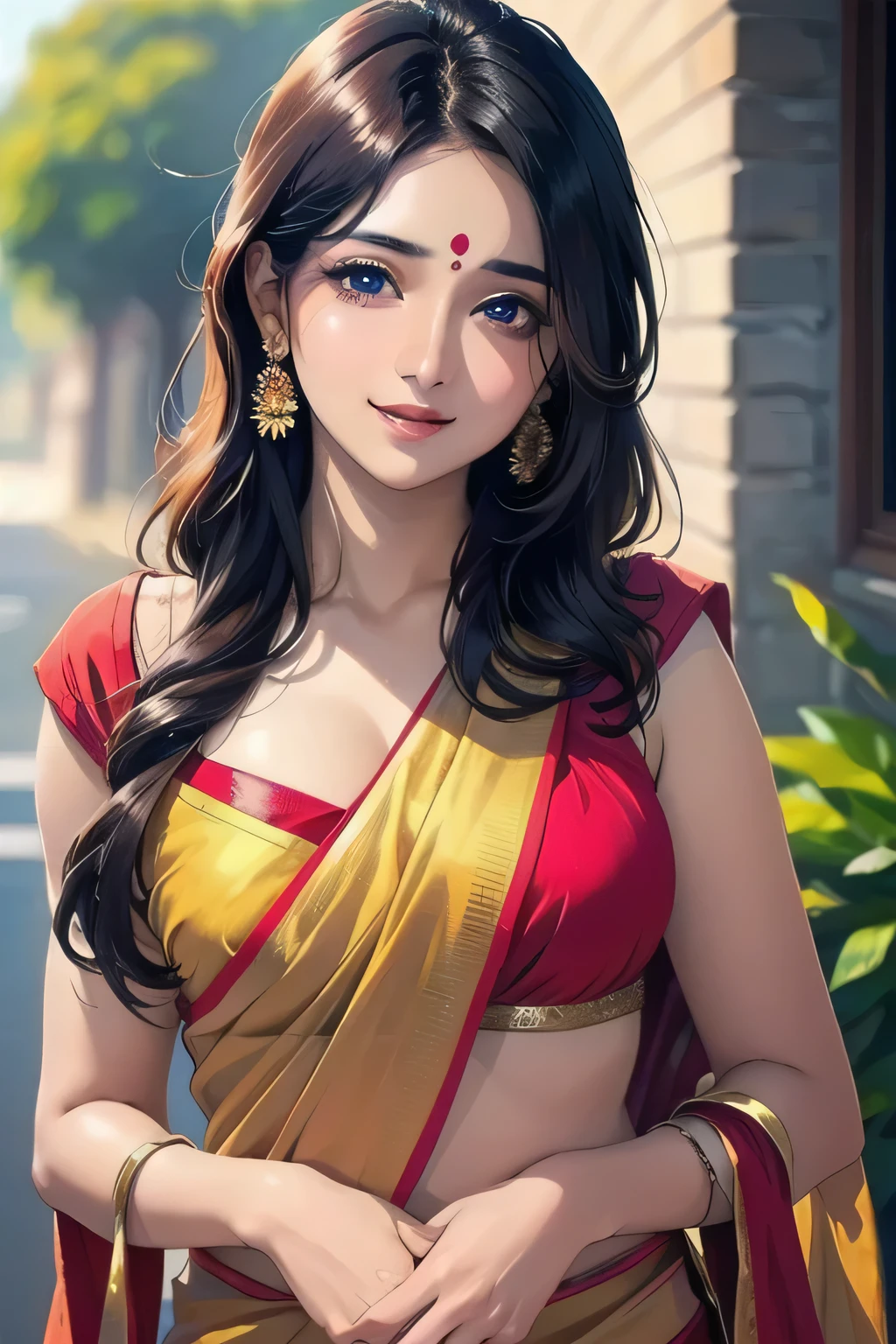 Indian desi beautiful girl in saree fully covered, (masterpiece:1.3), (8k, photorealistic, best quality: 1.4), detailed, symmetric face, beautiful eyes, anime style, insta shot, smiling, hot erotic