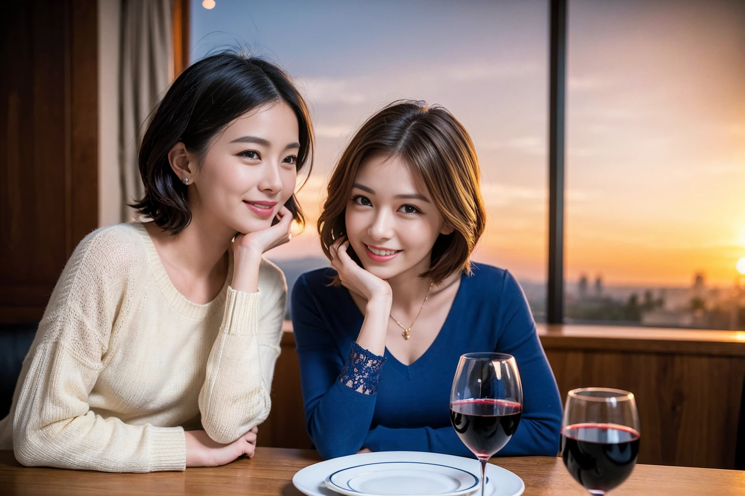 ((Highest quality、8K、masterpiece:1.3))、 (Ultra-realistic、 Genuine、Bright image、Intricate details:1.2), 最高のsmile、Slim Beauty、1 male 1 female、Beautiful couple、love love love、spouse、spouse、Good friends、actress couple、smile、Full-course dinner at a packed table、 (Slim face), (the body is slim), (Brown Hair), (short hair), テーブルのwine glass、Please shine a light on my face、 Amazing view of the sunset sky and clouds、 39 years old, red wine 、Appetizers、Wine bottle、sparkling wine、Long sleeve shirt、dress、White wine, red wine, wine glass,