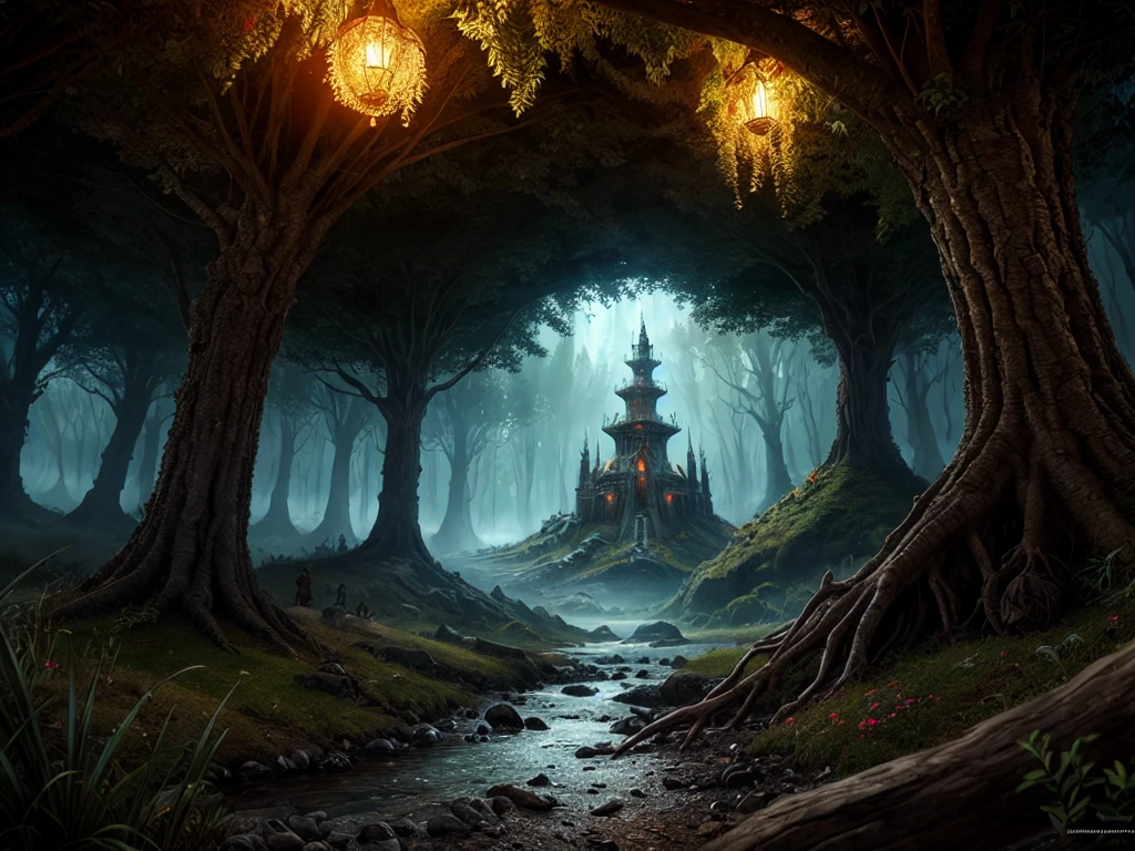 inspiré de Tolkien,À la manière de John Howe,detailed fantasy landscape,enchanted forests,majestic mountains,epic battles,dangerous dungeons,magical creatures,highly detailed armor,best quality,4k,8k,highres,masterpiece:1.2,ultra-detailed,realistic,photorealistic,photo-realistic:1.37,HDR,UHD,studio lighting,ultra-fine painting,sharp focus,physically-based rendering,extreme detail description,professional,vivid colors,bokeh,fantasy art