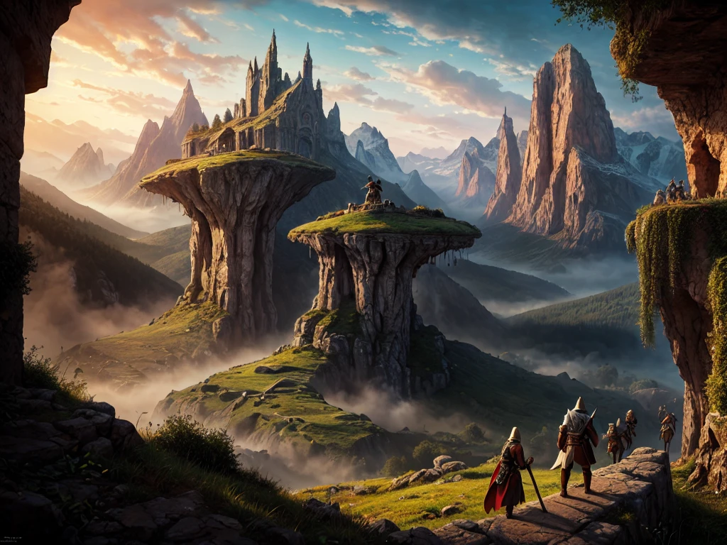 inspiré de Tolkien,À la manière de John Howe,detailed fantasy landscape,enchanted forests,majestic mountains,epic battles,dangerous dungeons,magical creatures,highly detailed armor,best quality,4k,8k,highres,masterpiece:1.2,ultra-detailed,realistic,photorealistic,photo-realistic:1.37,HDR,UHD,studio lighting,ultra-fine painting,sharp focus,physically-based rendering,extreme detail description,professional,vivid colors,bokeh,fantasy art