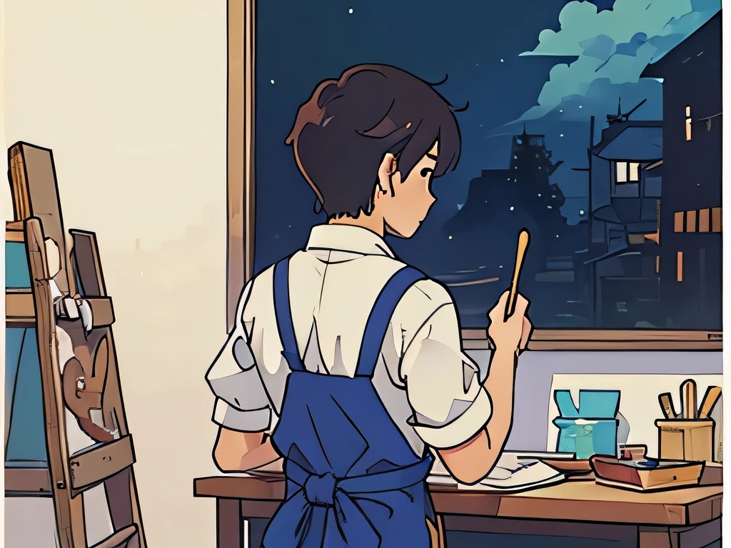 perfect anime illustration, back view illustration of a boy wearing an apron, painting on a canvas holding a brush, view from back