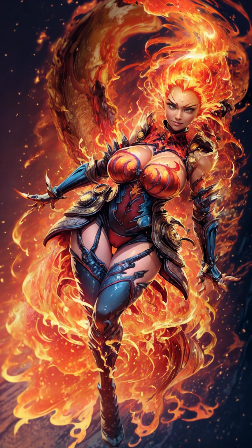 Fantasyart、(top-quality、​masterpiece:1.2)、ultra-detailliert、(photoRealstic:1.1)、(sharp focus)、(A female spirit of melted flame that burns bright red:1.5)、(full body Esbian:1.4)、Detailed Molten Fire Elemental, fire demon wings、(Red and Yellow Blue Flame:1.5)、Being in a fantasy world。Fructal art of flame、kindly smile、beautiful face、A detailed face、perfectly proportions、big breasts、busty, curvy hips、navel、buttock、Crotch gap、thighs thighs thighs thighs、(Dynamic Poses:1.5)、Steampunk style、Detail Master 2、steampunc、Movie girl、Girl melts、